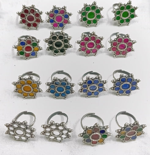 Multi color pure silver glass rings online in India, 925 silver Adjustable glass jewellery