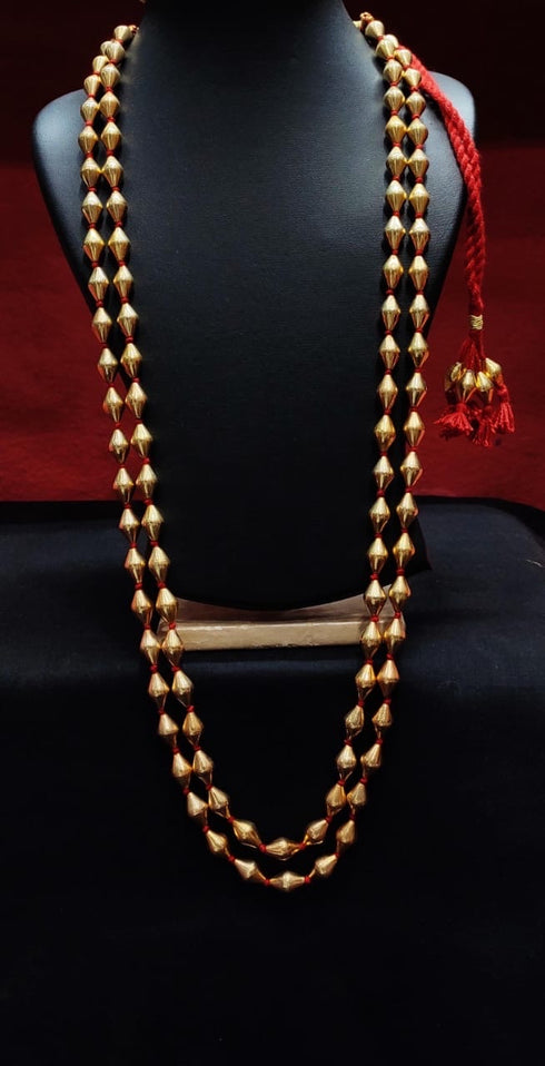 Gold plated Dholki necklace, Extra long Two line gold Dholki mala, Pure silver Gold polished handcrafted necklace