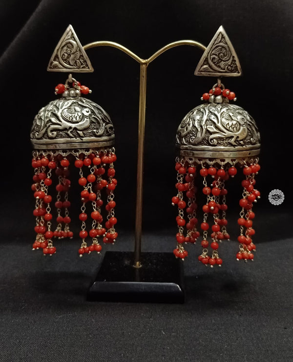Buy Coral Silver Jhumkas Earrings Online, 925 Silver Statement Beaded Coral Big Earring for women, Peacock Chitai work Jhumka