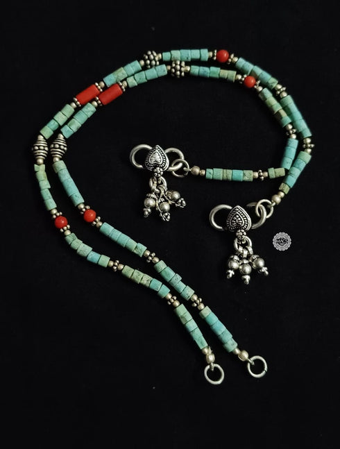 925 Silver Turquoise-Coral Bead anklet (pair)