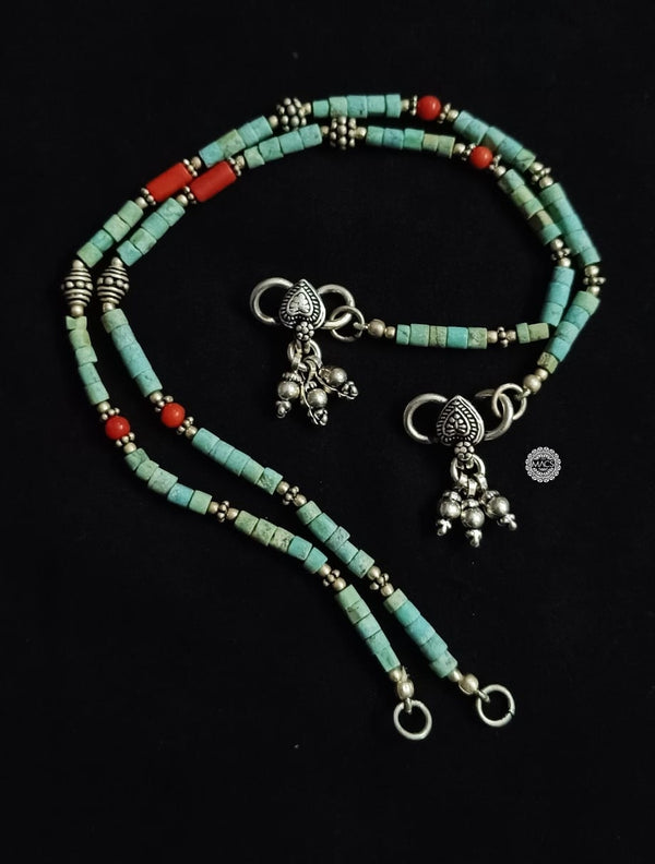 925 Silver Turquoise-Coral Bead anklet (pair)