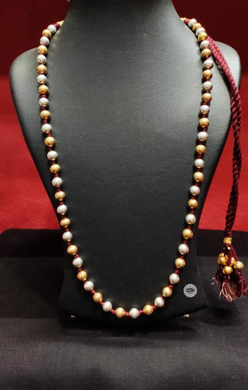 Dual tone Round Dholki Beads Silver Gold plated Necklace, Dholki Bormala in round shape, Indian thread necklace, Two tone necklace