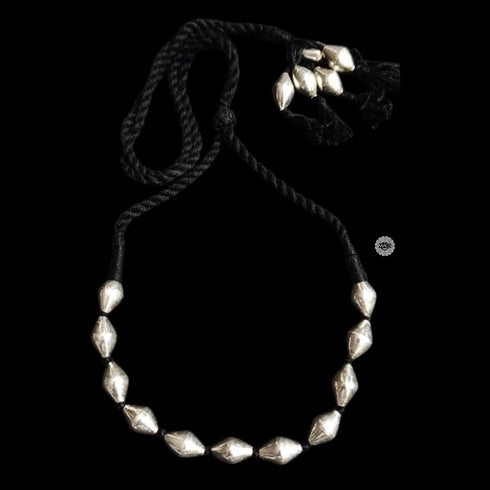 Silver dholki choker necklace with black thread and silver beads