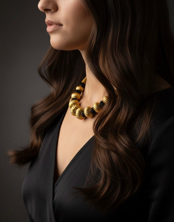 Gold plated Carved Wax Beads Necklace (oversized beads)