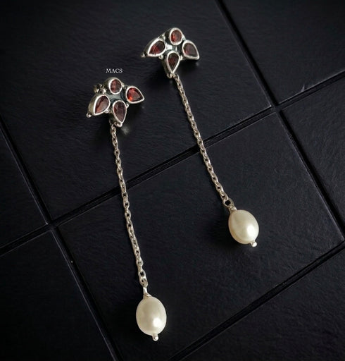 Silver Garnet Pearl Drop Earrings