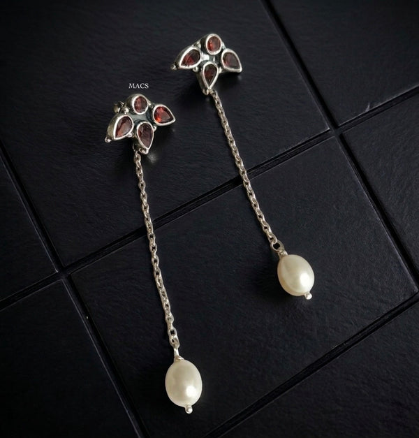 Silver Garnet Pearl Drop Earrings