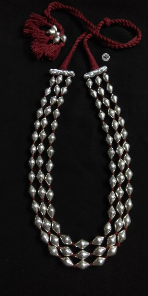 Three Line Dholki Beads Silver Necklace