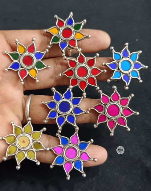 Multi color pure silver glass rings online in India, 925 silver Adjustable glass jewellery