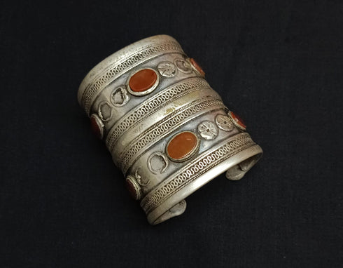 Turkmen Tekke Silver Long Cuff Kada Bangle with carnelian stones