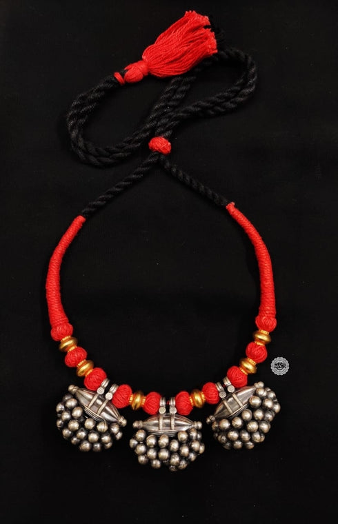 925 Silver Ghungaroo Amulet Pendant Necklace, Red thread choker