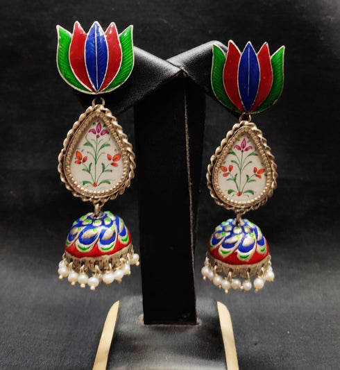 Lotus Painting Silver Jhumka