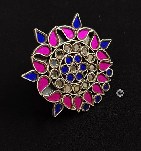 Pink blue glass ring, Cocktail big glass Ring, Large 925 sterling silver ring, Silver glass flower ring, Multicolor glass