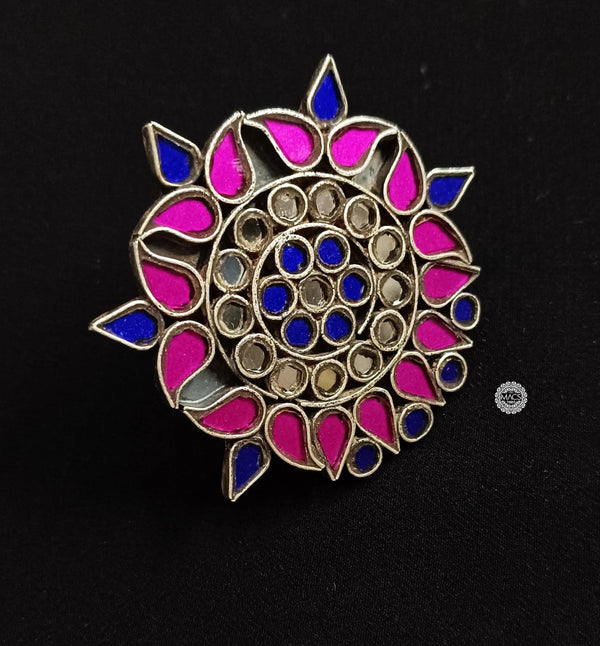 Pink blue glass ring, Cocktail big glass Ring, Large 925 sterling silver ring, Silver glass flower ring, Multicolor glass