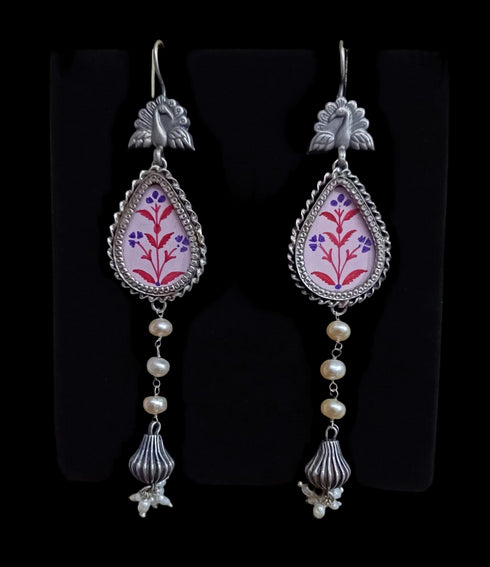Peacock Handpainted silver hook earrings, Oxidised Glass Earrings, Pink hand painting earrings, Rang birangi earrings