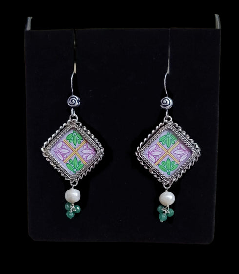 Handpainted silver earrings, Oxidised Sterling silver Glass Earrings, Pink hand painting pearl earrings