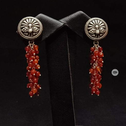 Peacock Silver Earrings, Pure Sterling Silver Carnelian Stone Bunch Office wear Earrings for women, Orange Stone earrings
