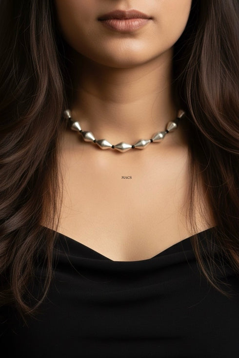 Silver dholki short necklace with black thread