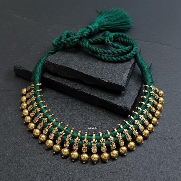 Green thread gold ball necklace handmade by Jaipur artisans in 925 pure silver