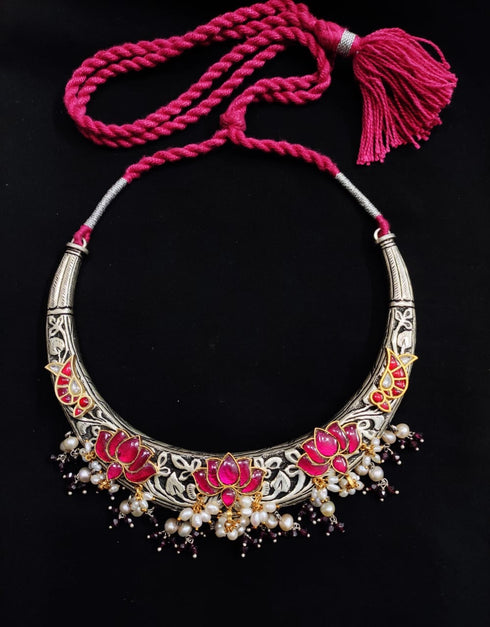925 silver jadau kundan lotus chitai work necklace