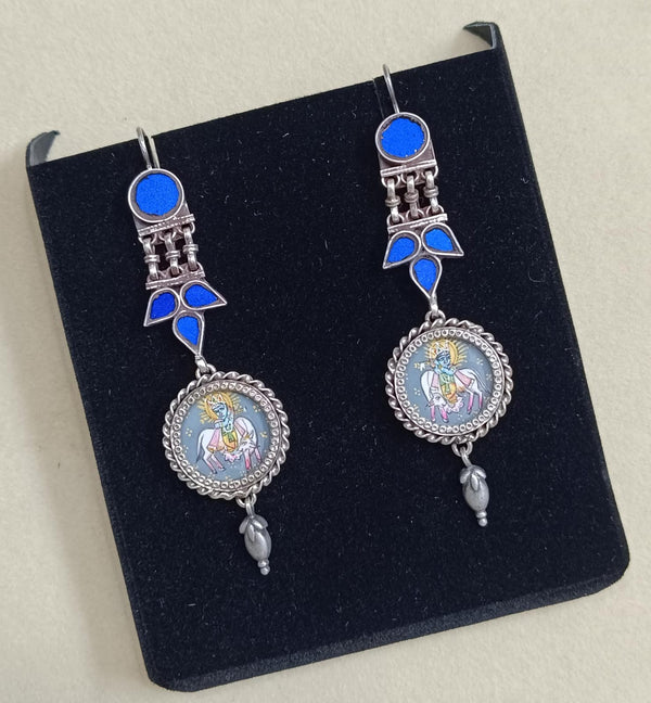 Silver Blue Glass Painting Earrings