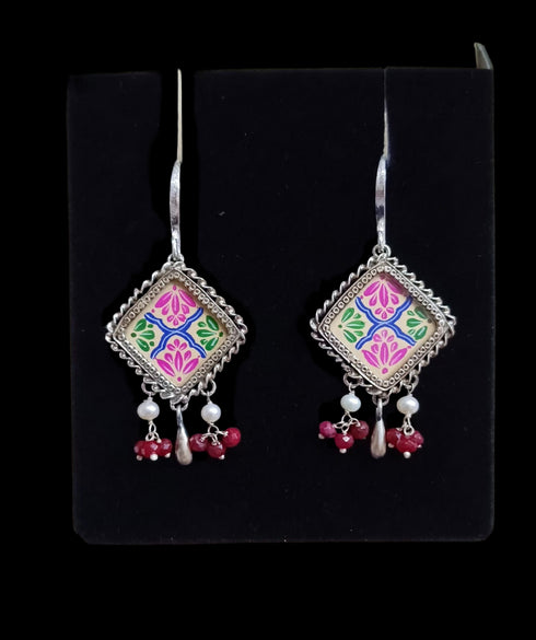 Handpainted silver earrings, Oxidised Sterling silver Glass Earrings, Pink hand painting pearl earrings