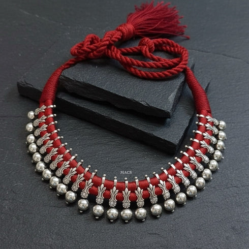 925 Silver ball beaded thread choker necklace with red tassel