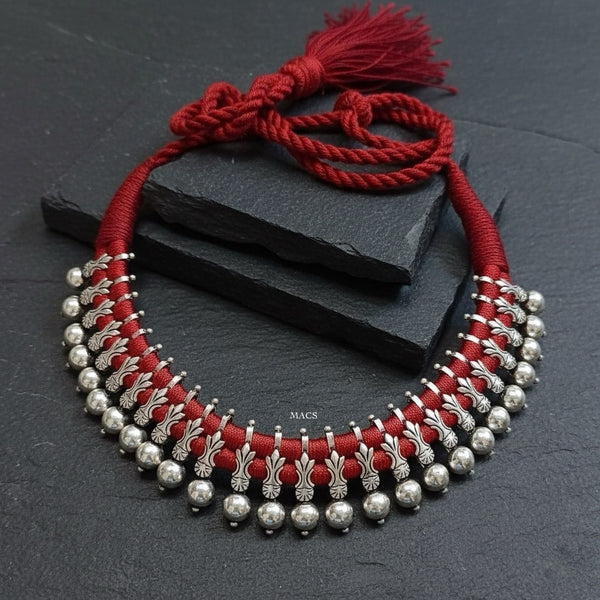 925 Silver ball beaded thread choker necklace with red tassel