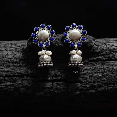 Silver Lapis Stone Jhumka