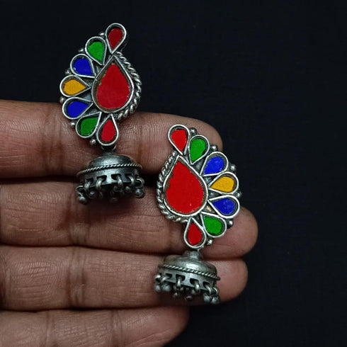 MultiColor Glass Silver Jhumka