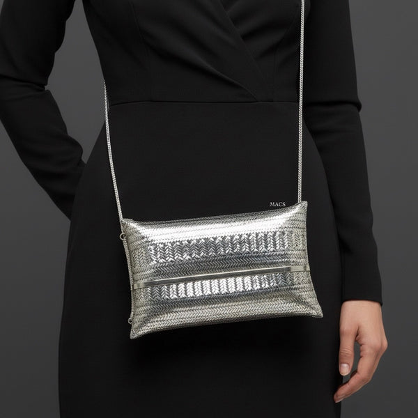 Silver crossbody shoulder bag with patterned bamboo design, 925 silver chain purse