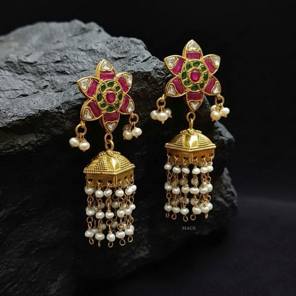 925 Multi Kundan Flower Pearl Jhumka