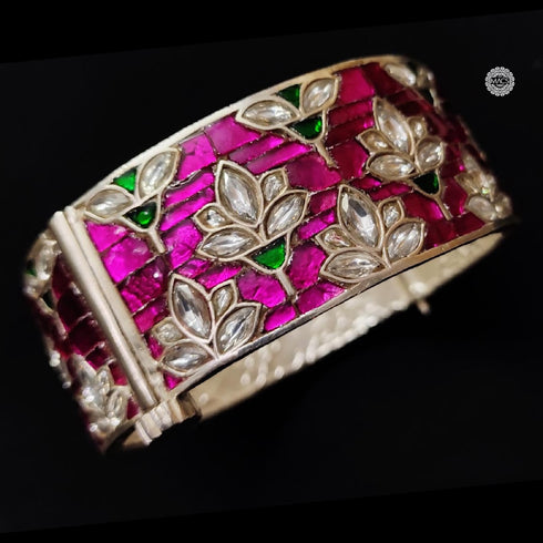 A 925 pure silver pink, white and green kundan kada bracelet bangle with screw opening.