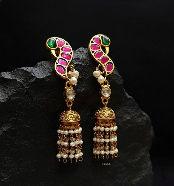 Pink-Green Kundan Peacock Pearl Jhumka