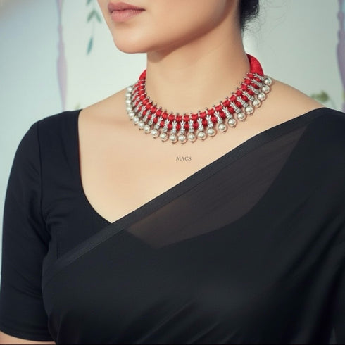 Pure Silver beaded thread choker necklace with red thread
