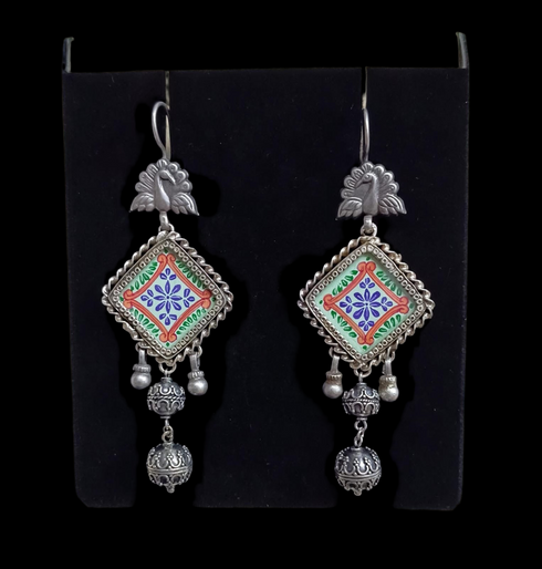 Peacock Handpainted silver earrings, Oxidised Ball Earrings, Blue hand painting earrings