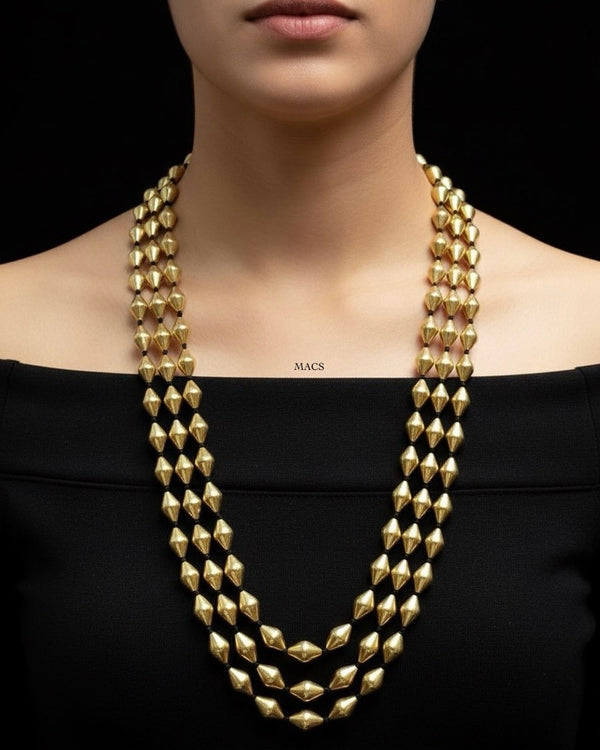 Handcrafted three line Gold plated Silver Dholki bead necklace