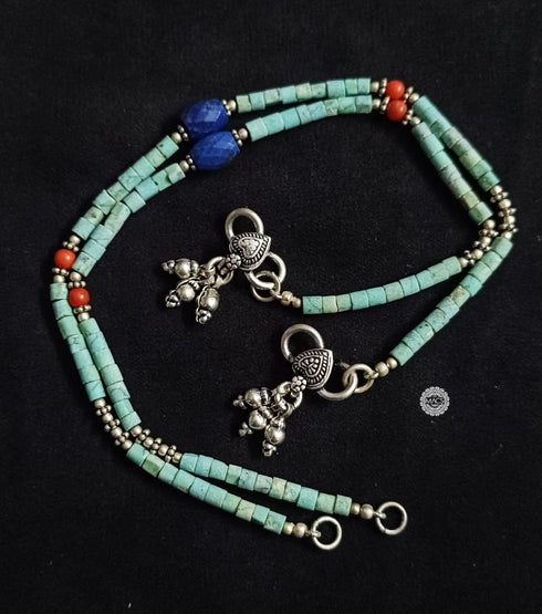 Turquoise-Coral-Lapis Bead Silver Anklet (pair)