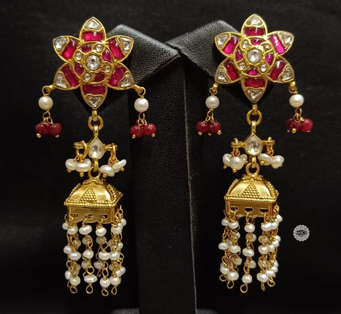 925 Multi Kundan Flower Pearl Jhumka