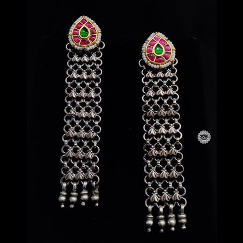 Long Silver Kundan Earrings