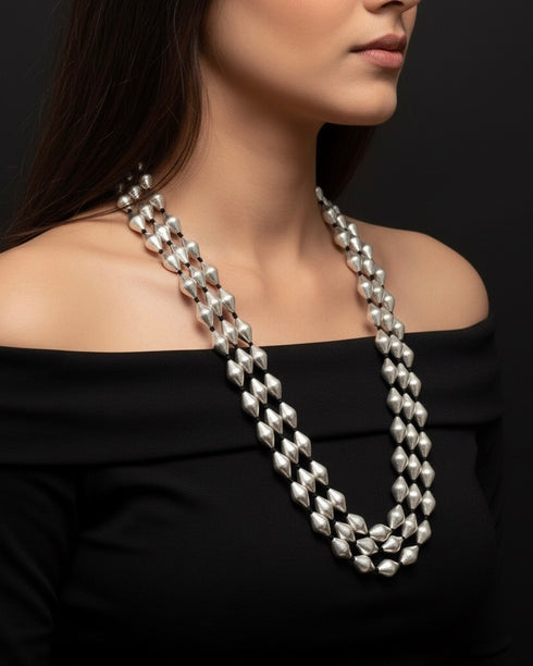Three Line Dholki Beads Silver Necklace