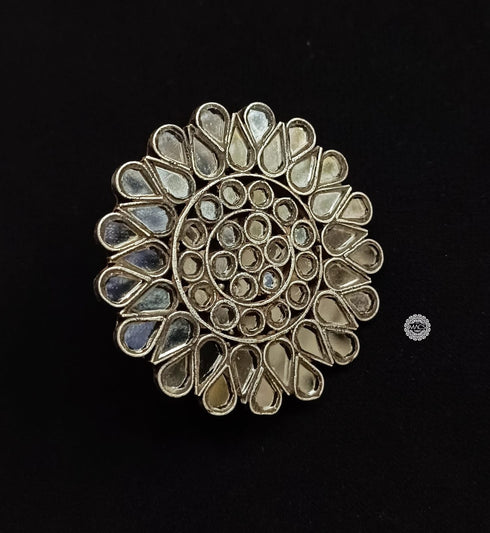 Big white glass ring, Large silver cocktail flower ring in 925 sterling silver