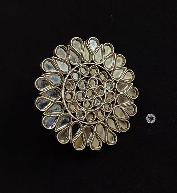 Big white glass ring, Large silver cocktail flower ring in 925 sterling silver