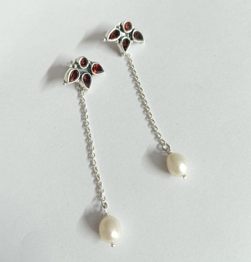 Silver Garnet Pearl Drop Earrings