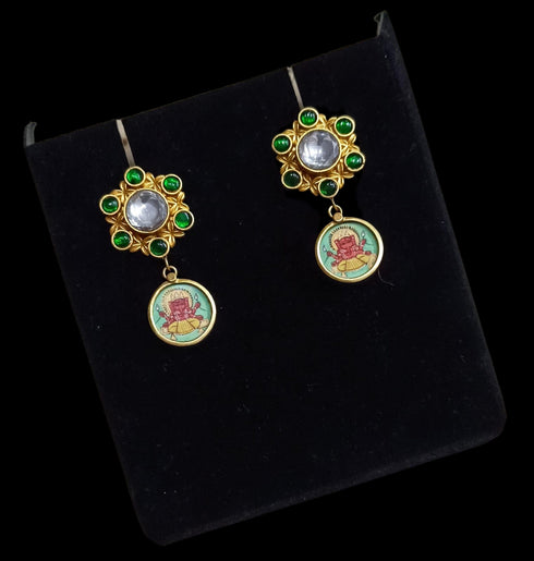 Gold plated Kundan silver earrings handcrafted in 925 sterling silver, handpainted earrings, Green Kundan antique earrings