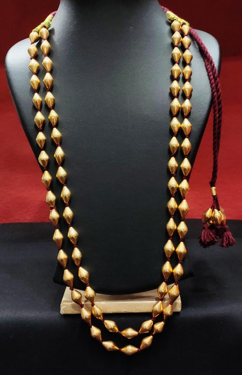 double line layered gold dholki beads necklace in maroon thread