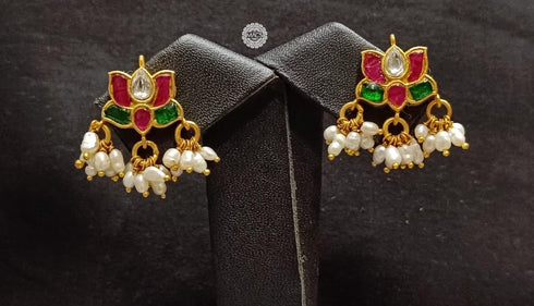 Kundan Gold Lotus Pearl Earrings