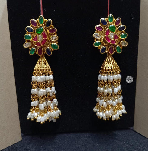 925 Multi Kundan Pearl Jhumka