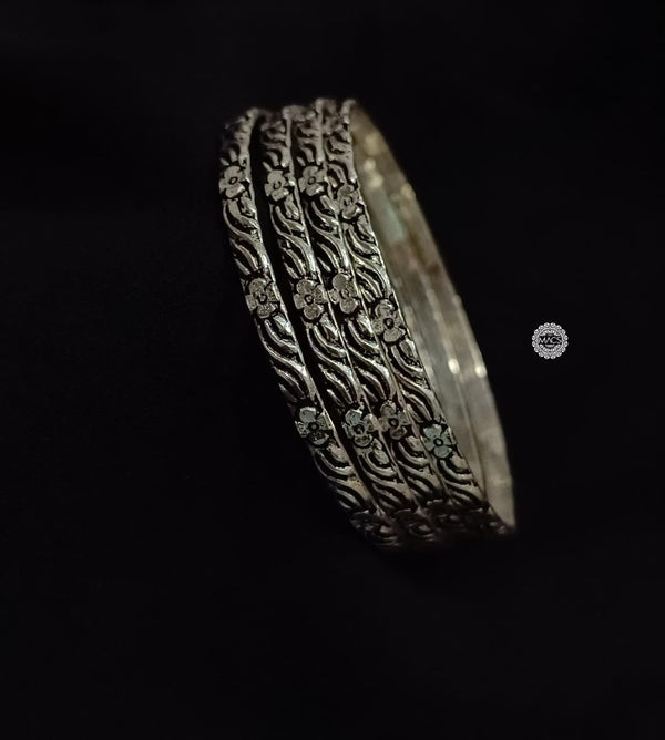 925 sterling silver bangles set, Flower bangles, Classic Indian Floral oxidized bangle stack