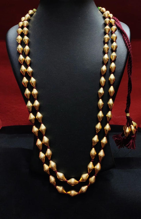 long gold dholki necklace, layered gold double line necklace