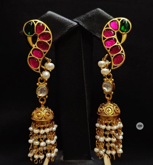Pink-Green Kundan Peacock Pearl Jhumka
